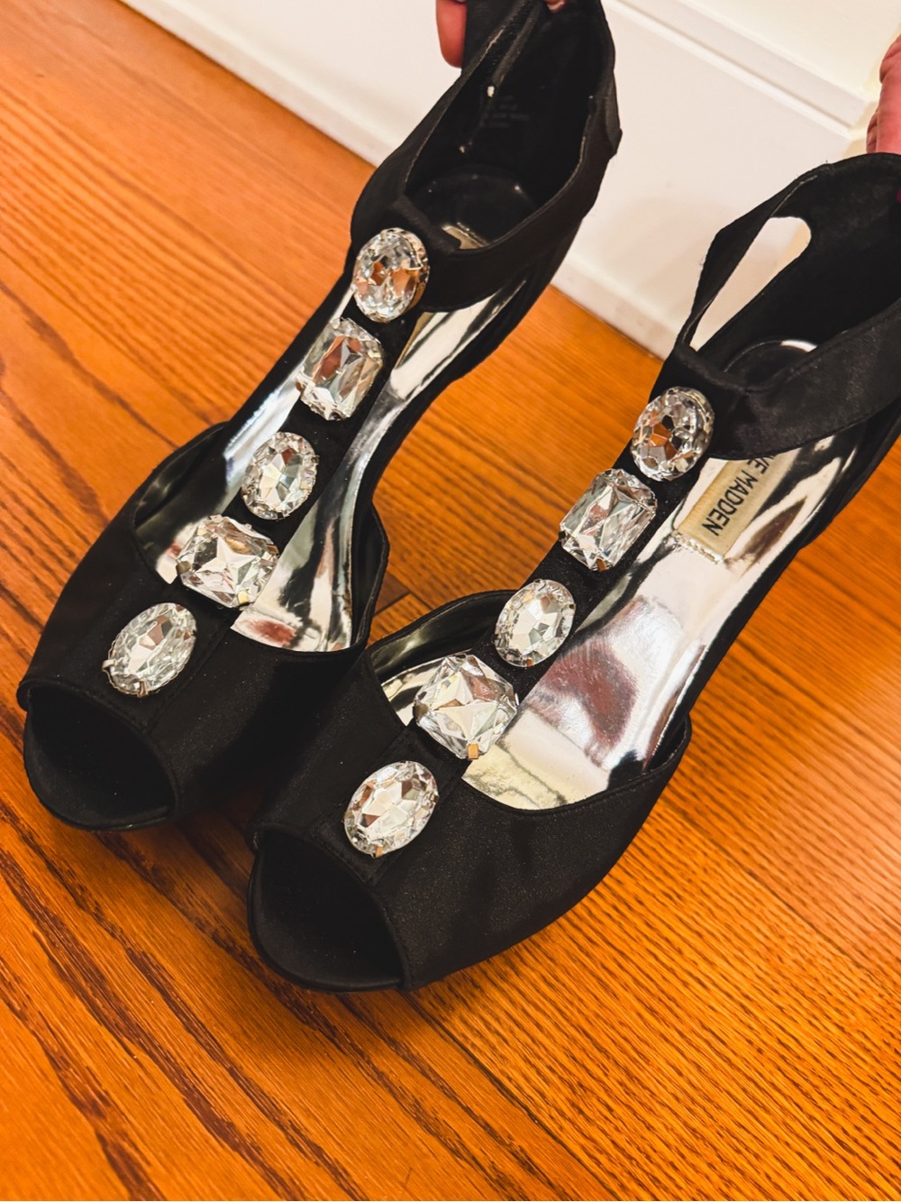 Black Embellished Peep-Toe Heels by Steve Madden